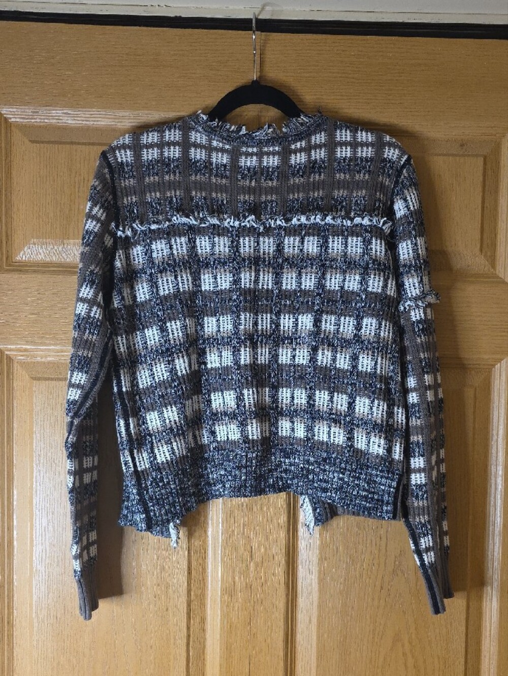 CAbi Brown White Plaid Fringe Trim Open-Front Cardigan Women's Small GUC - Picture 4 of 5